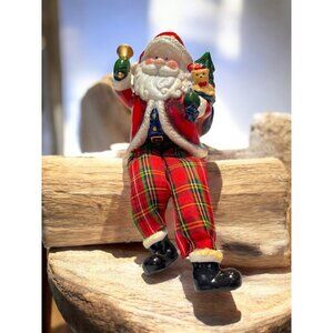 Vintage Santa Claus Figurine Shelf Sitter With Plaid Pants Holiday Decor